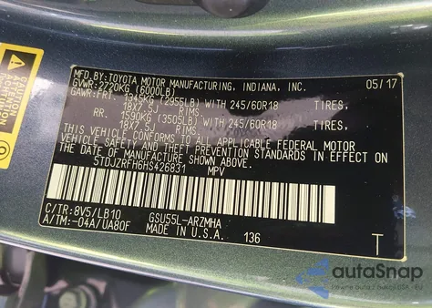 2017 Toyota Highlander Xle из США, поврежденный, VIN 5TDJZRFH6HS426831